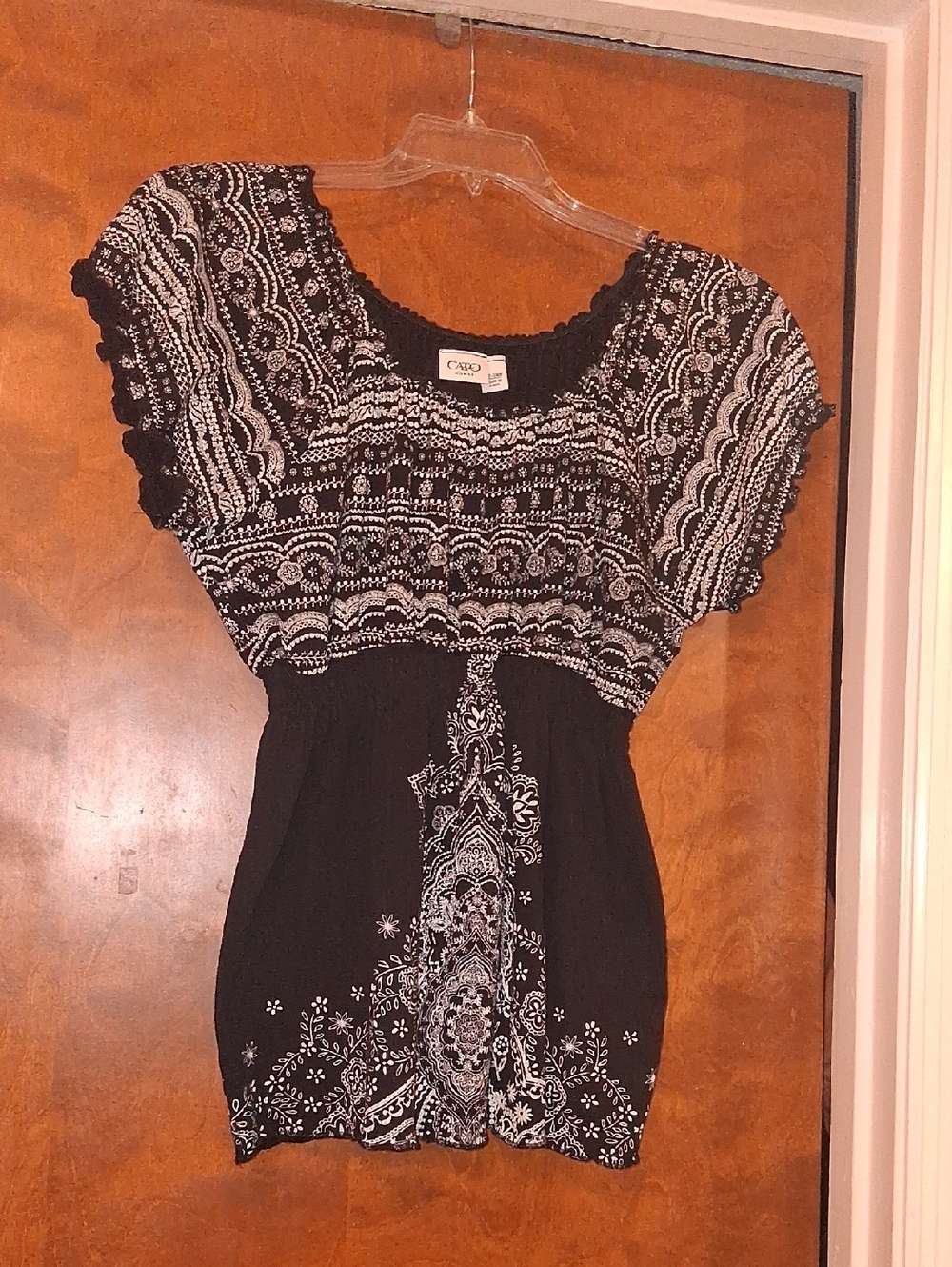 Cato Black and White Paisley Smocked Waist Tunic Top